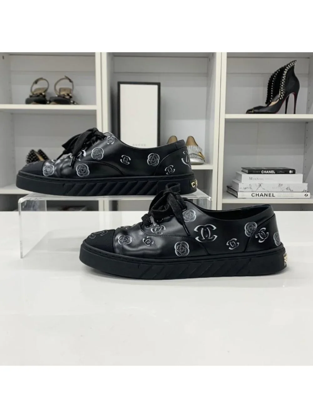 Chanel CC Logo Camellia Leather Fabric Sneakers Black